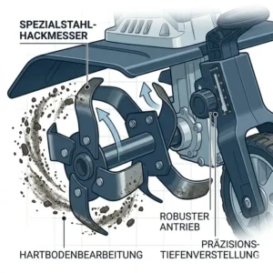 Robuste Hackmesser der elektrische Gartenfräse mit Tiefeneinstellung für harte Böden.