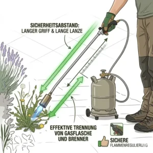Darstellung der sicheren Distanz zwischen Gasquelle und dem unkrautbrenner gasflasche mit langem griff.
