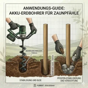 Ein Zaunpfahl wird nach Nutzung des Akku Erdbohrer für Zaunpfähle eingesetzt.