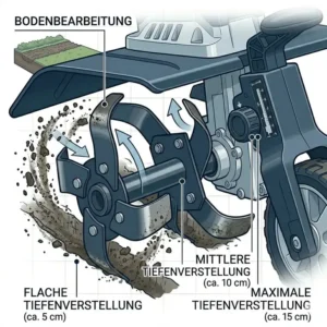 Infografik zum Vergleich der Arbeitstiefe einer elektrische Gartenfräse mit Tiefeneinstellung.