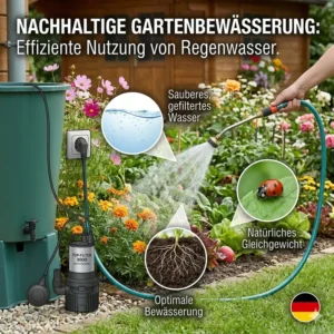 Nachhaltige Gartenbewässerung direkt aus der Regentonne mit einer tauchpumpe für regenfass mit filtersystem.