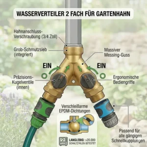 Hochwertiges Messing-Material und langlebige Qualität beim wasserverteiler 2 fach für gartenhahn.