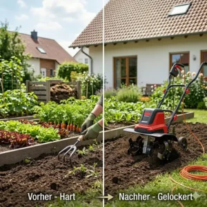 Vorher-Nachher-Vergleich der Bodenqualität durch motorhacke elektro leise für beete.