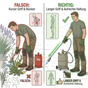 Vergleich der Körperhaltung: Rückenschonendes Arbeiten mit dem unkrautbrenner gasflasche mit langem griff.