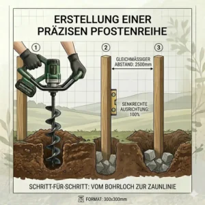 Eine gerade Reihe Zaunpfähle, gesetzt mit einem Akku Erdbohrer für Zaunpfähle.