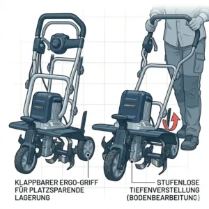Platzsparende Lagerung einer kompakten elektrische Gartenfräse mit Tiefeneinstellung.