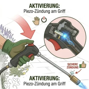 Aktivierung der elektrischen Piezo-Zündung am unkrautbrenner gasflasche mit langem griff.