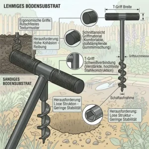 Illustration zur Effizienz vom Erdbohrer manuell mit 100mm Durchmesser in verschiedenen Bodenarten wie Lehm und Sand.