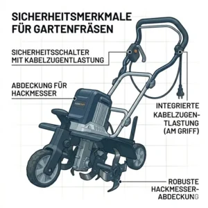 Sicherheitsmerkmale und Kabelzugentlastung der elektrische Gartenfräse mit Tiefeneinstellung.