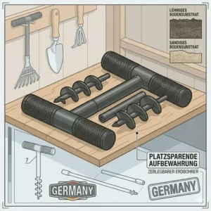 Platzsparende Lagerung eines zerlegbaren Erdbohrers manuell mit 100mm Durchmesser in einer Gartenhütte.