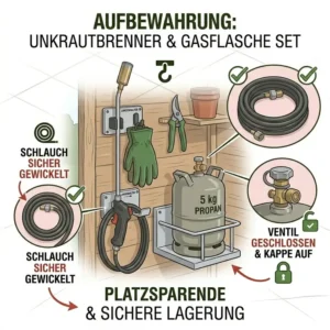 Sichere und platzsparende Lagerung von unkrautbrenner gasflasche mit langem griff im Geräteschuppen.