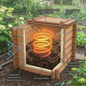 Querschnitt-Illustration von einem komposter garten holz thermisch isoliert mit Darstellung der inneren Schichten.