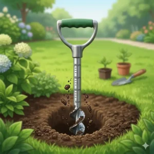 A close-up illustration details the clearly visible depth markings on the shaft of a pflanzlochbohrer mit tiefenmarkierung.