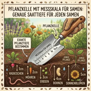illustration zur anwendung der pflanzkelle mit messskala für samen im gemüsebeet.