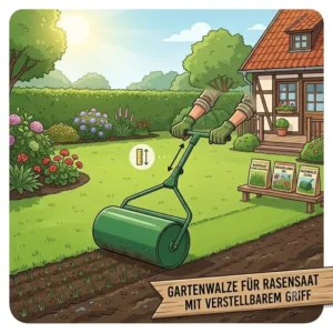 Nahaufnahme der ergonomischen Handhabung einer gartenwalze für rasensaat mit verstellbarem griff.