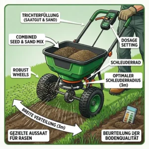 Anleitung zum gleichmäßigen Ausbringen von Rasensamen mit dem streuwagen für sand und saatgut.