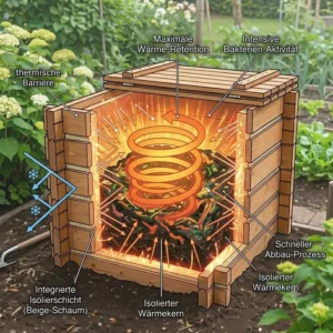 Grafik zur Wärmeentwicklung im komposter garten holz thermisch isoliert für schnellere Humusbildung.
