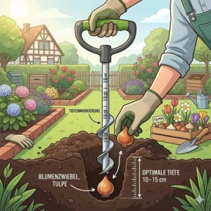 An illustration shows a pflanzlochbohrer mit tiefenmarkierung being used to set flower bulbs at the exact required depth.