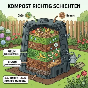 Grafische Darstellung zum richtigen Befüllen eines Kunststoff-Schnellkomposters mit grünen und braunen Gartenabfällen.