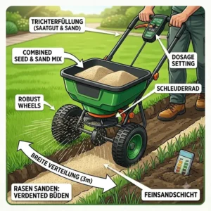 Rasenpflege und Bodenbelüftung durch das Ausbringen von feinem Sand mit dem streuwagen für sand und saatgut.
