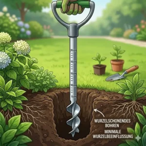 An illustration shows how the use of a pflanzlochbohrer mit tiefenmarkierung ensures wurzelschonend (root-friendly) digging.
