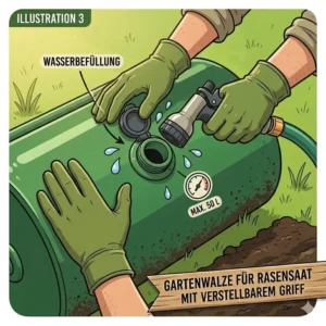 Perfekter Bodenkontakt durch die gartenwalze für rasensaat mit verstellbarem griff nach der Aussaat.