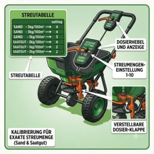 Grafik zur exakten Kalibrierung und Einstellung der Streumenge am streuwagen für sand und saatgut.