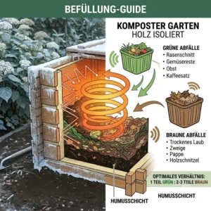 Infografik zur optimalen Befüllung von einem komposter garten holz thermisch isoliert với Bioabfall.