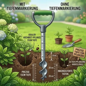 An illustration provides a comparison of hole consistency with and without using a pflanzlochbohrer mit tiefenmarkierung.