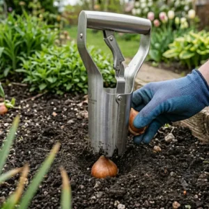 Ein zwiebelpflanzer aus edelstahl automatisch hält eine Blumenzwiebel, bevor sie präzise in das Loch gesetzt wird.