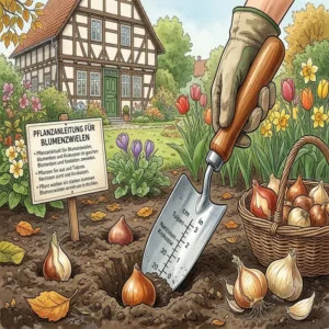 anwendung der pflanzkelle mit messskala für samen beim einpflanzen von blumenzwiebeln.
