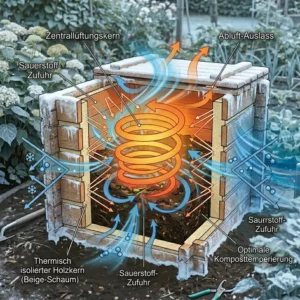Skizze des Belüftungssystems in einem komposter garten holz thermisch isoliert für optimale Sauerstoffzufuhr.