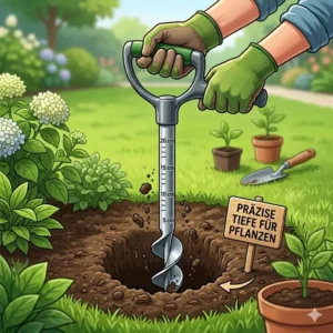 An illustration shows the efficient manual operation of a pflanzlochbohrer mit tiefenmarkierung in a garden.