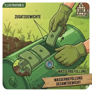Platzsparende Aufbewahrung einer gartenwalze für rasensaat mit verstellbarem griff in der Garage.