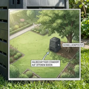 Garten-Skizze mit dem optimalen halbschattigen Standort für einen Schnellkomposter aus Kunststoff auf offenem Boden.