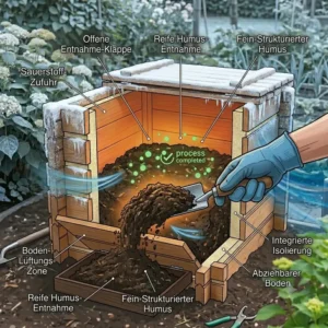 Illustration der Entnahmeklappe unten am komposter garten holz thermisch isoliert zur Humus-Entnahme.