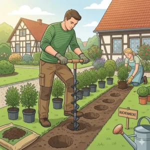 An illustration demonstrates efficiently planting hedge shrubs with perfectly spaced holes using a pflanzlochbohrer mit tiefenmarkierung.