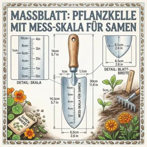technische darstellung der pflanzkelle mit messskala für samen mit maßangaben.