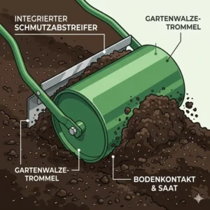 Der integrierte Schmutzabstreifer an einer gartenwalze für rasensaat mit verstellbarem griff.