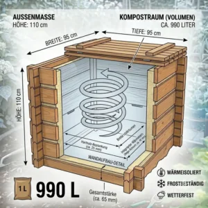 Maßzeichnung und Größenübersicht für einen komposter garten holz thermisch isoliert im Garten.