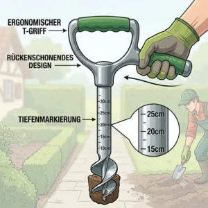 An illustration highlights the ergonomic design and handle features of a pflanzlochbohrer mit tiefenmarkierung.