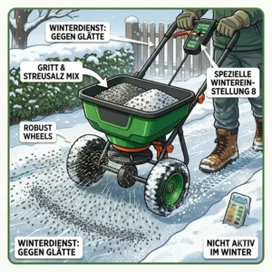 Vielseitiger Winterdienst mit Streusalz und Split unter Verwendung von dem streuwagen für sand und saatgut.