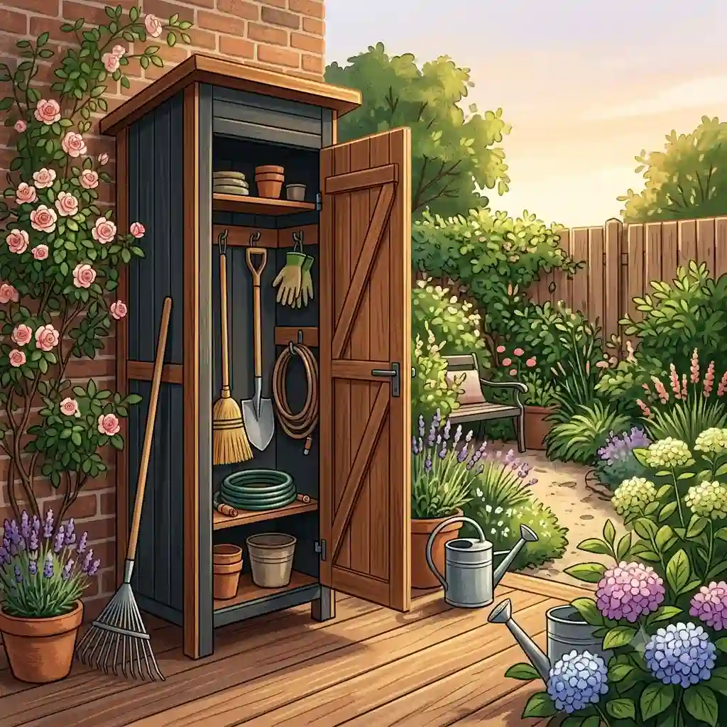 A wooden geräteschrank garten schmal und hoch stands in a small, tidy garden corner on a patio, holding a shovel and pots.