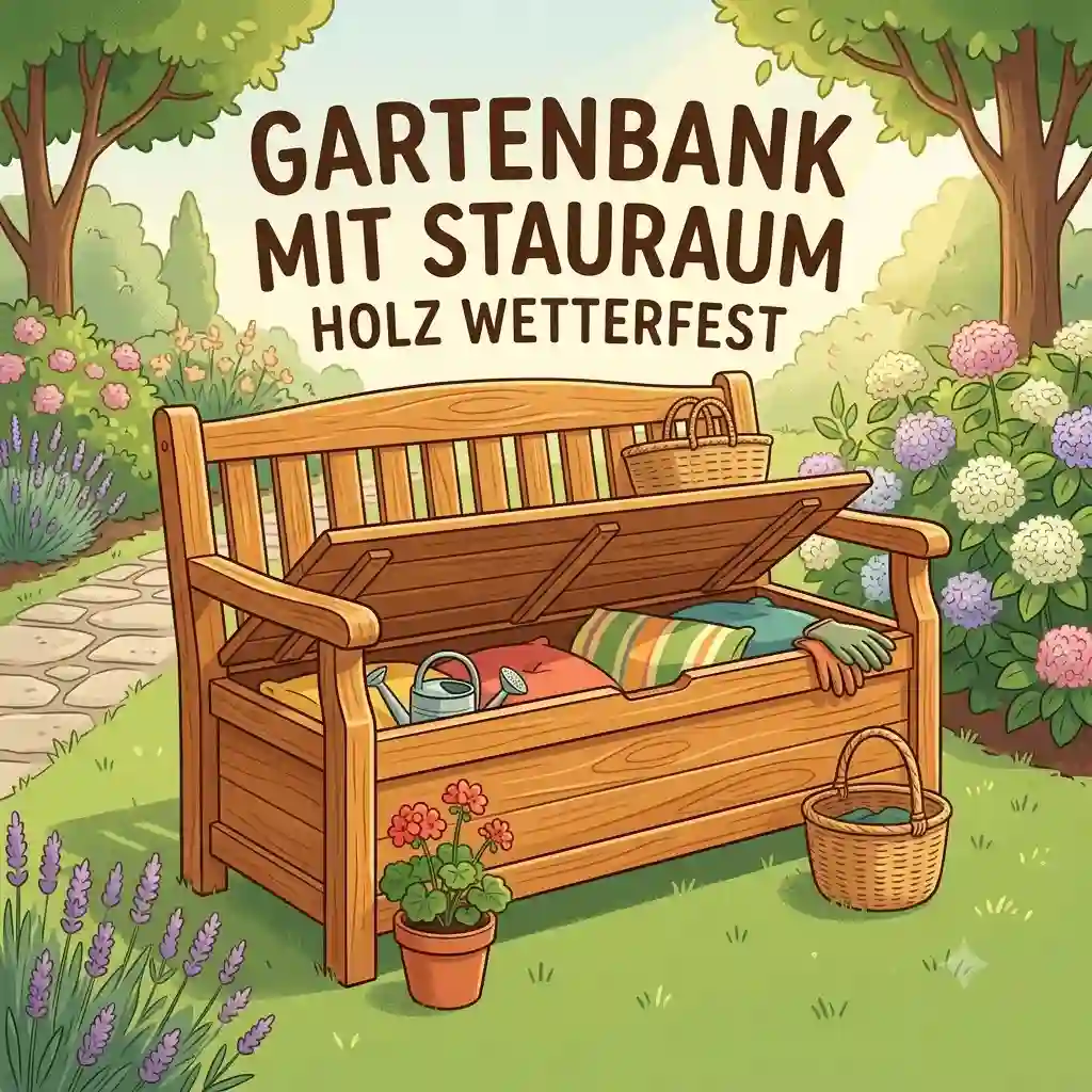 Eine moderne gartenbank mit stauraum holz wetterfest im sonnigen Garten.