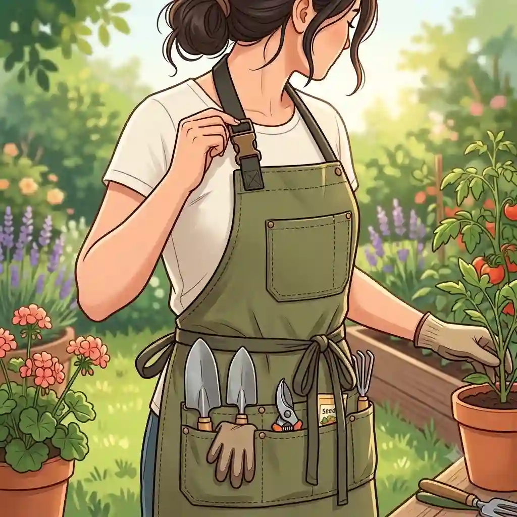 A person planting flowers in a sunlit garden wearing a durable gartenschürze mit verstellbarem nackenband.