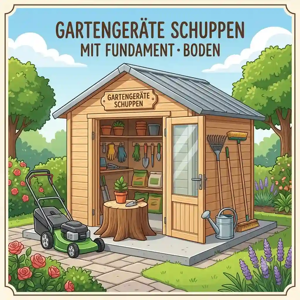 Moderner gartengeräte schuppen mit fundament boden im Garten.
