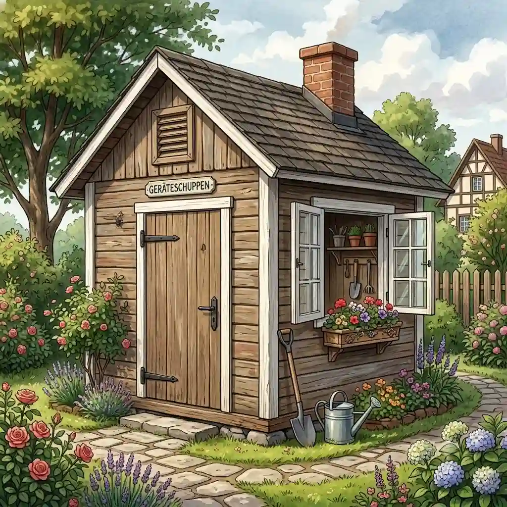 Ein moderner geräteschuppen holz mit fenster und lüftung in einem schönen Garten.
