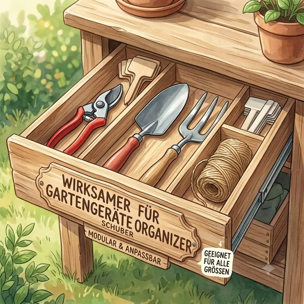 An illustration of a perfectly ordered "gartengeräte organizer für schubladen" filled with secateurs and trowels.