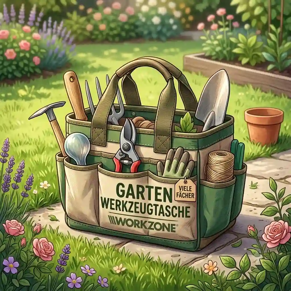 A fully loaded werkzeugtasche garten mit vielen fächern on a sunlit lawn next to a raised bed.