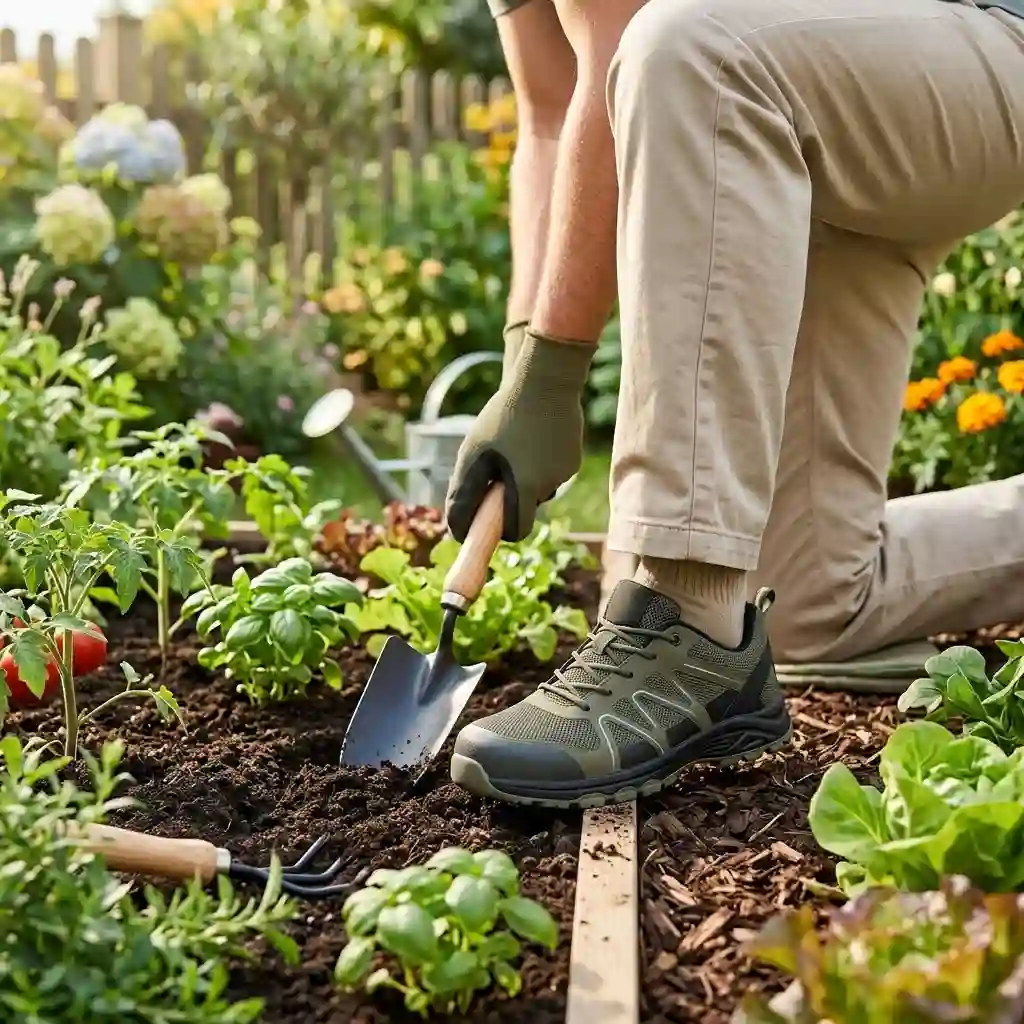 A high-quality photo of professional "sicherheitsschuhe garten stahlkappe leicht" on a gardener's feet in a vibrant garden.